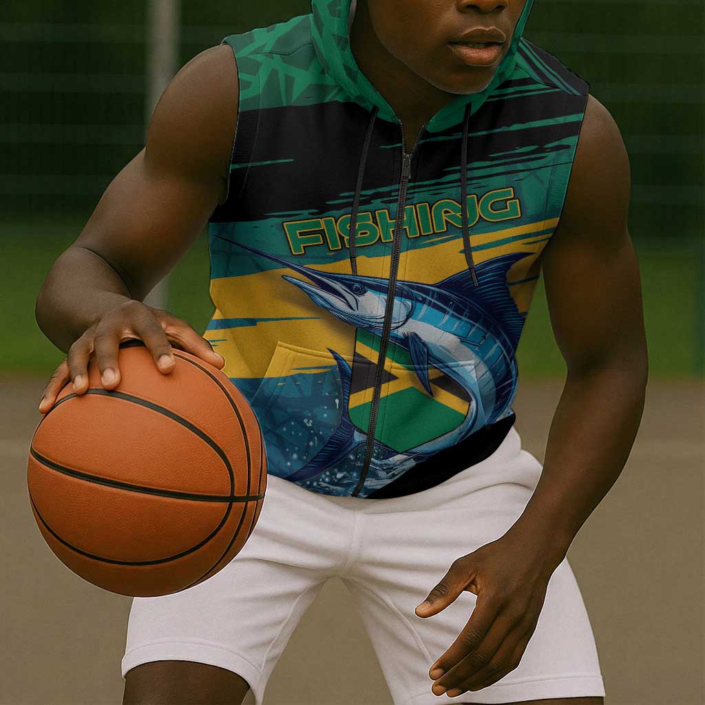Personalized Afro-Jamaicans Fishing Sleeveless Zip Hoodie Blue Marlin Fish