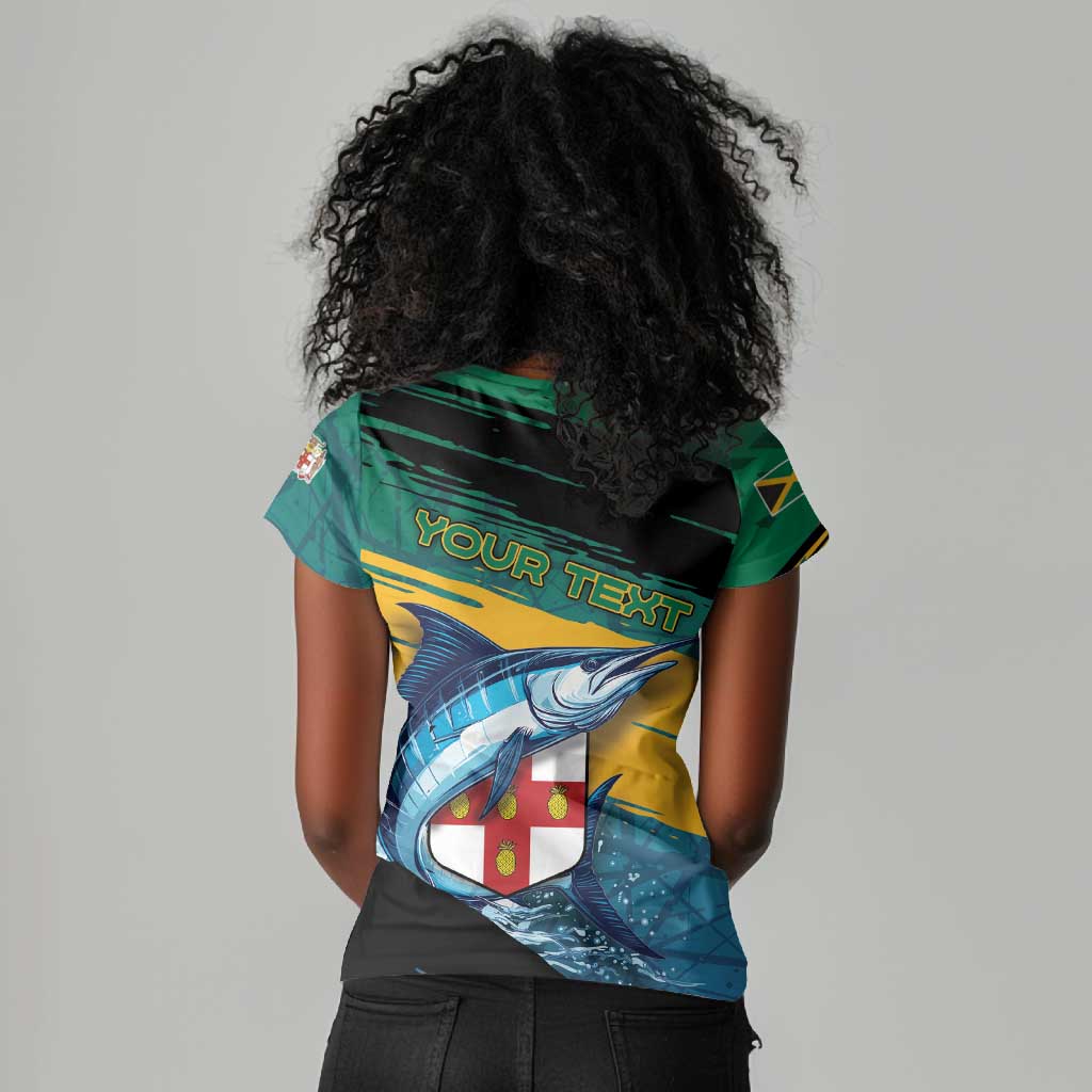 Personalized Afro-Jamaicans Fishing Women V-Neck T-Shirt Blue Marlin Fish