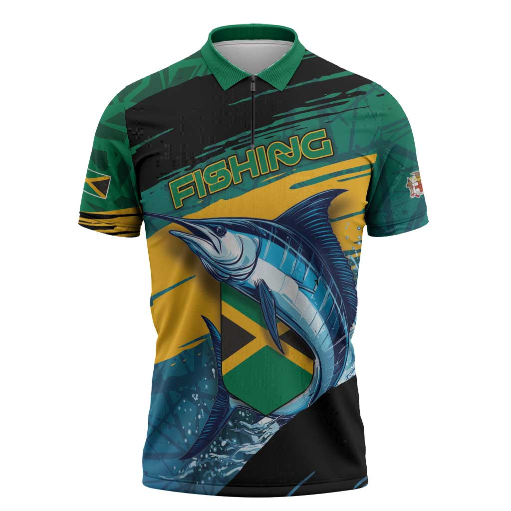 Personalized Afro-Jamaicans Fishing Zipper Polo Shirt Blue Marlin Fish