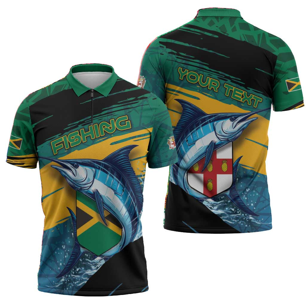 Personalized Afro-Jamaicans Fishing Zipper Polo Shirt Blue Marlin Fish