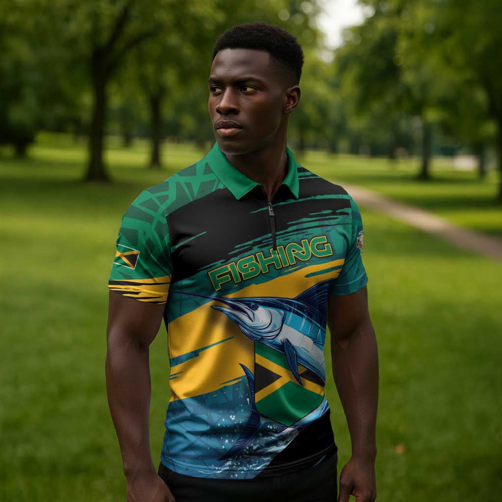 Personalized Afro-Jamaicans Fishing Zipper Polo Shirt Blue Marlin Fish