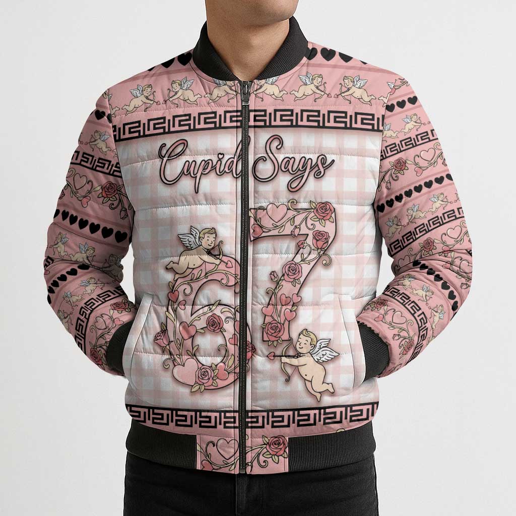 Personalized 67 Valentine's Day Bomber Puffer Jacket Vintage Rose And Cupid