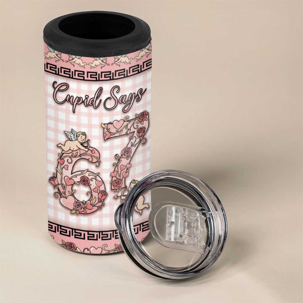 Personalized 67 Valentine's Day 4 in 1 Can Cooler Tumbler Vintage Rose And Cupid