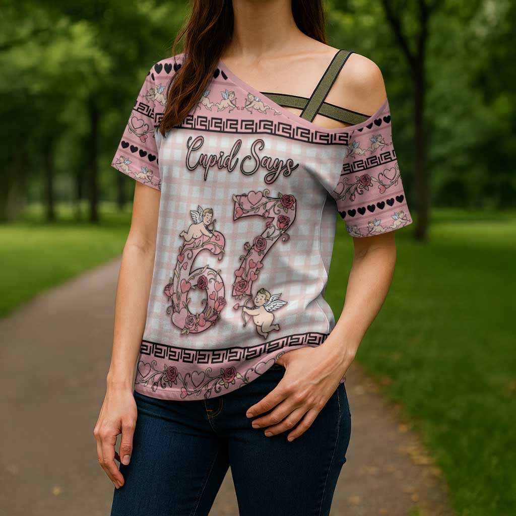 Personalized 67 Valentine's Day Cross Shoulder Shirt Vintage Rose And Cupid
