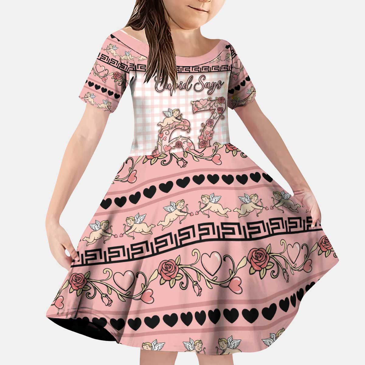 Personalized 67 Valentine's Day Kid Short Sleeve Dress Vintage Rose And Cupid