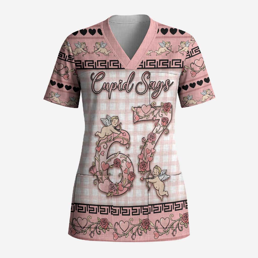 Personalized 67 Valentine's Day Scrub Top Vintage Rose And Cupid