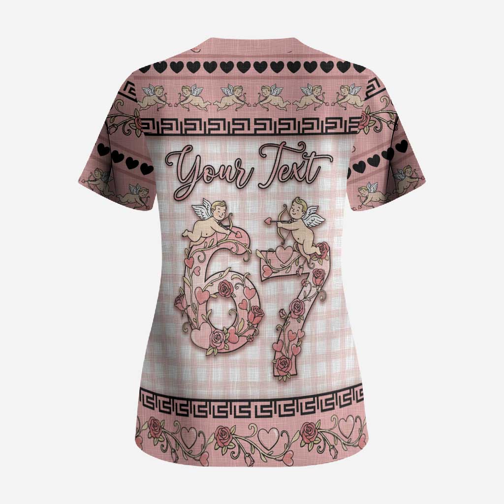 Personalized 67 Valentine's Day Scrub Top Vintage Rose And Cupid