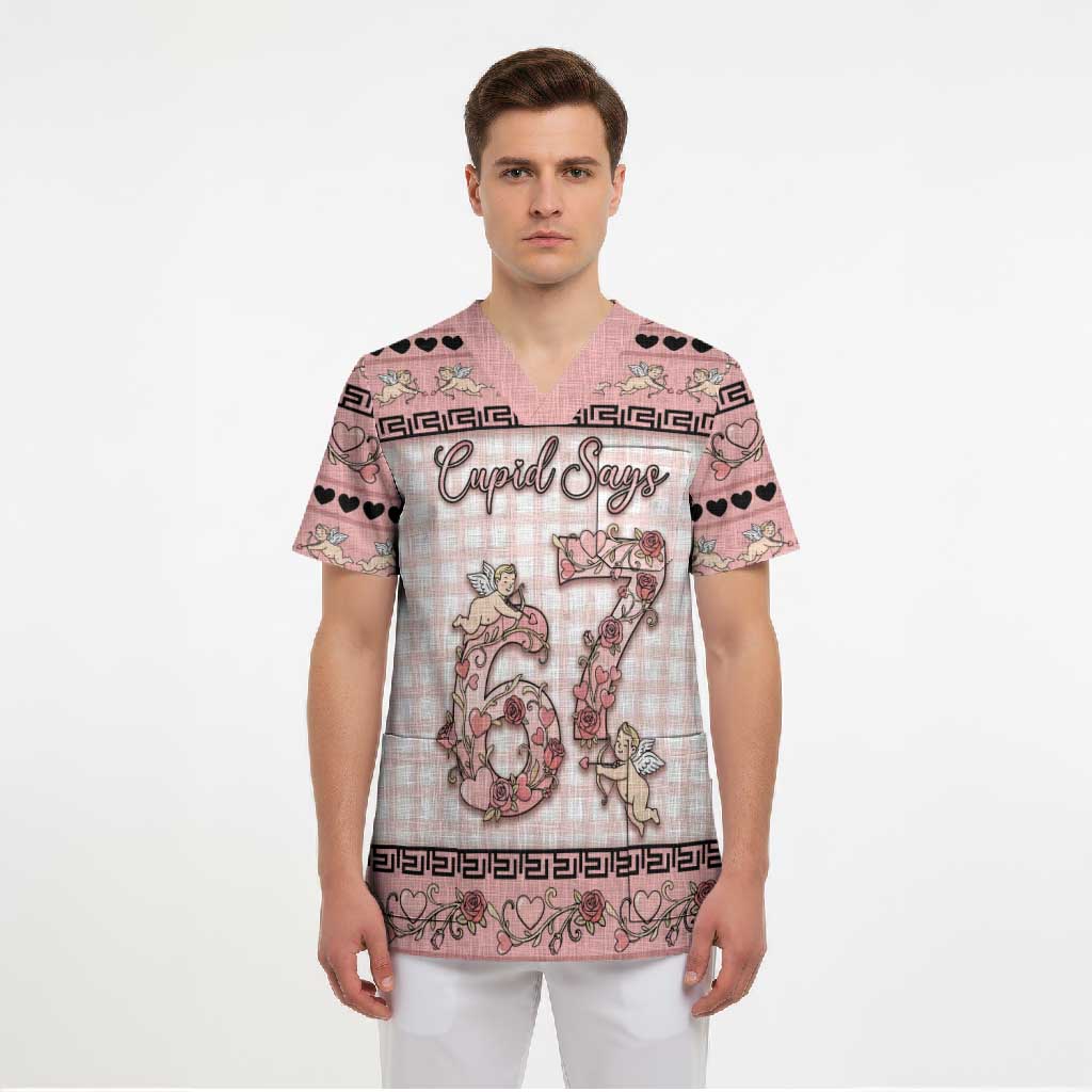 Personalized 67 Valentine's Day Scrub Top Vintage Rose And Cupid