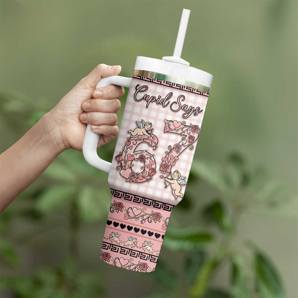 Personalized 67 Valentine's Day Tumbler With Handle Vintage Rose And Cupid