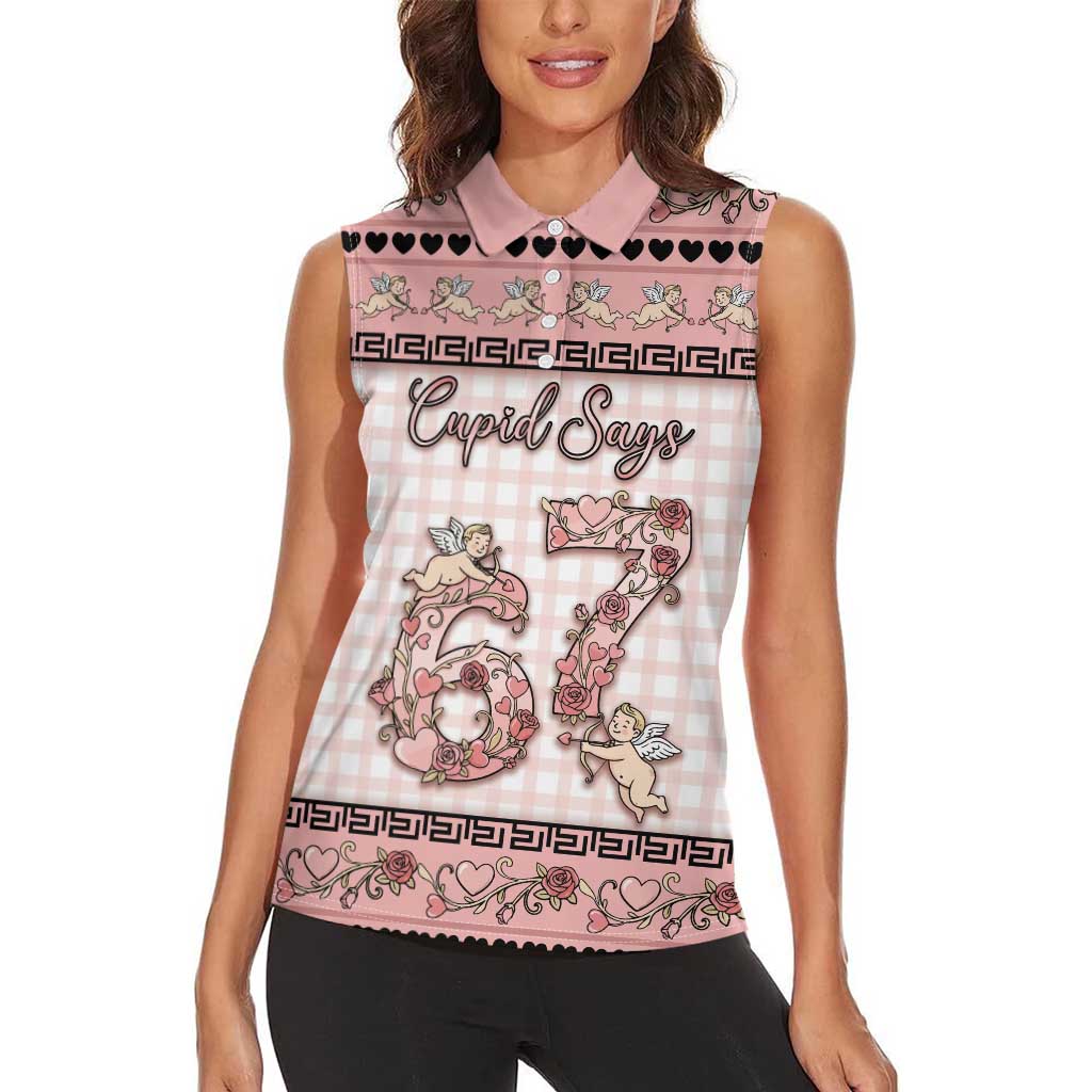 Personalized 67 Valentine's Day Women Sleeveless Polo Shirt Vintage Rose And Cupid