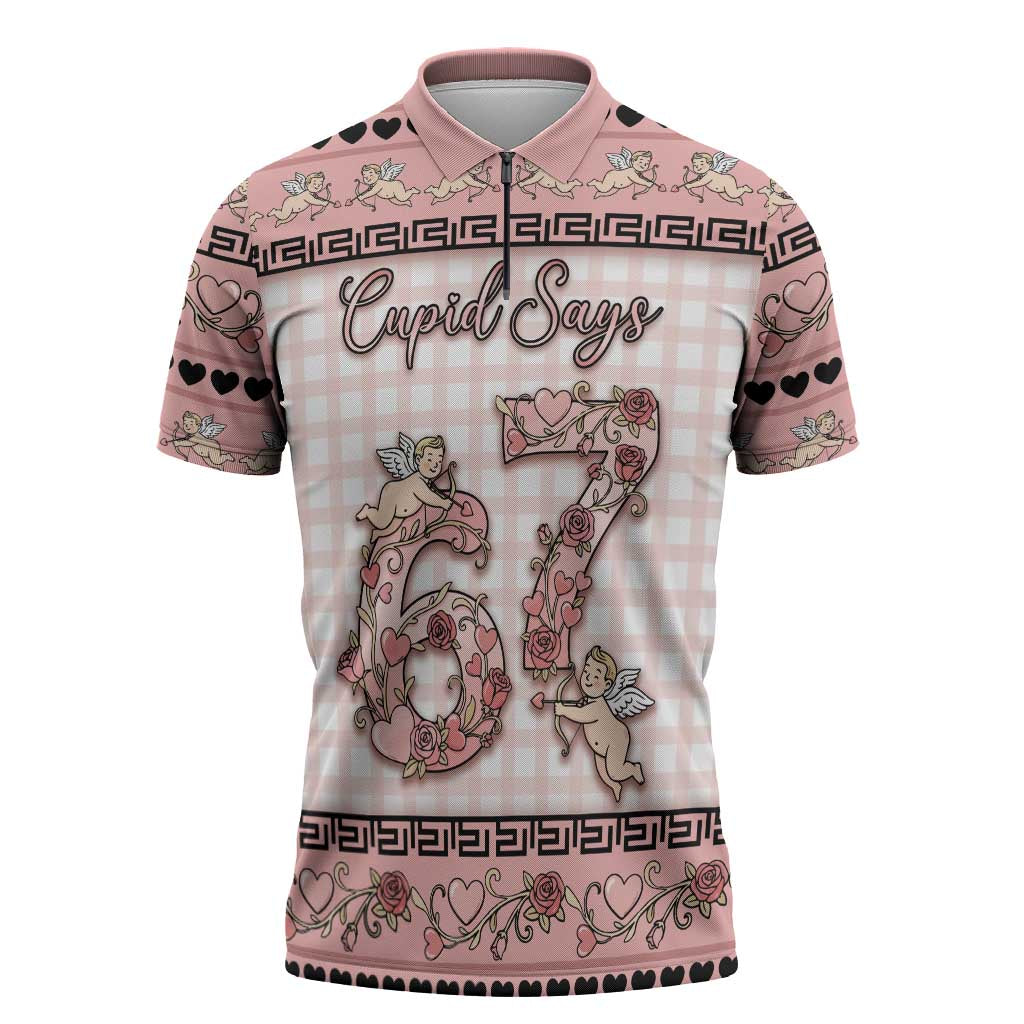 Personalized 67 Valentine's Day Zipper Polo Shirt Vintage Rose And Cupid