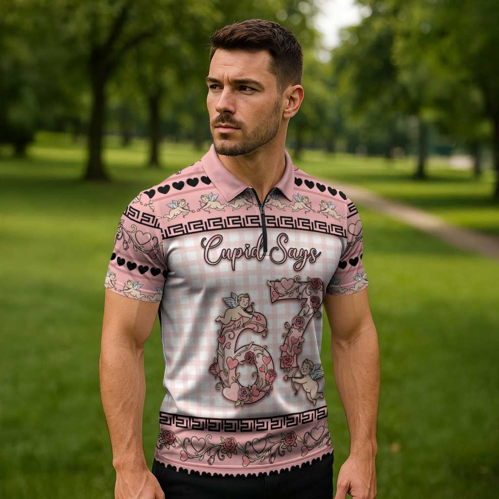 Personalized 67 Valentine's Day Zipper Polo Shirt Vintage Rose And Cupid