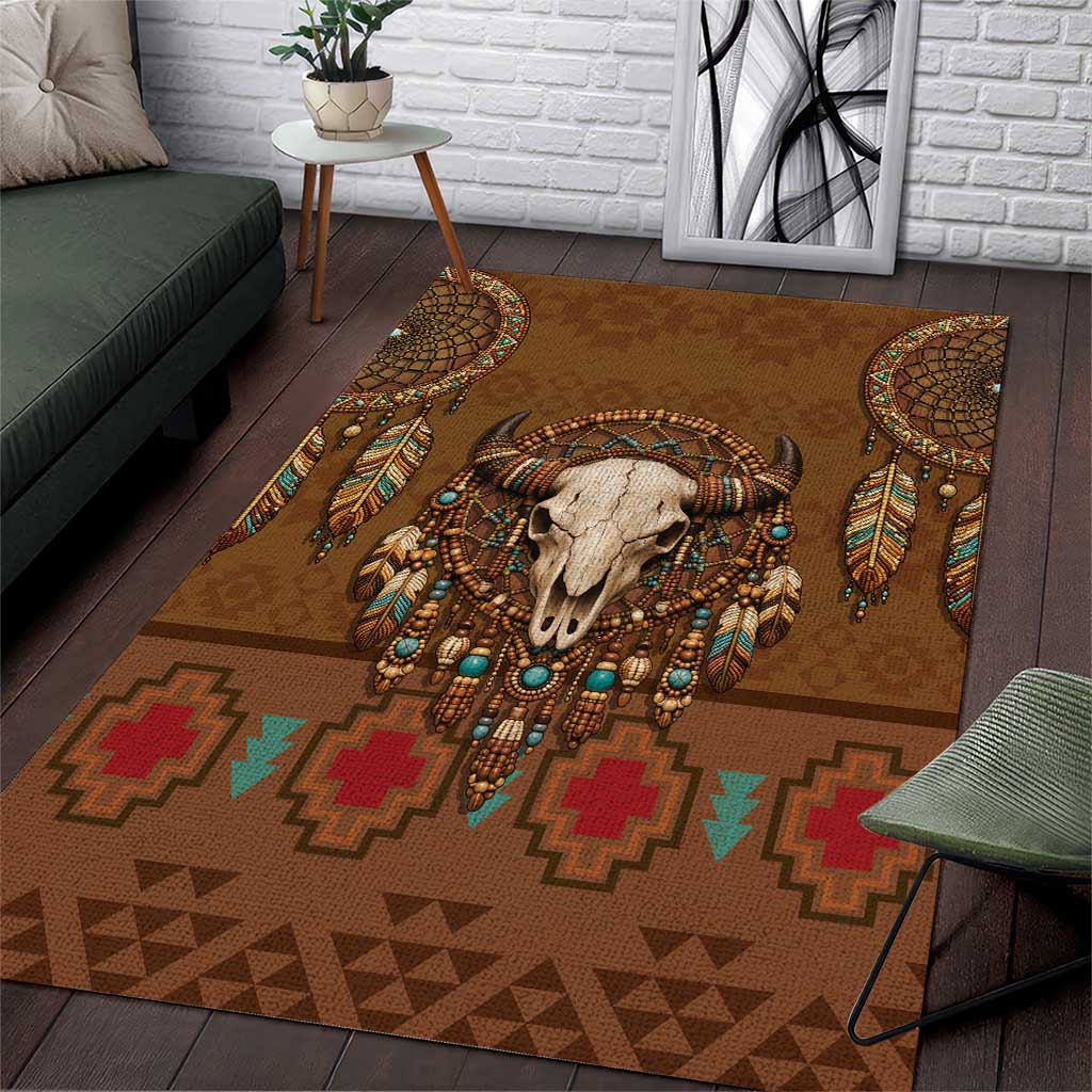 Bison Native American Area Rug Tribal Feather Dreamcatcher Boho Style