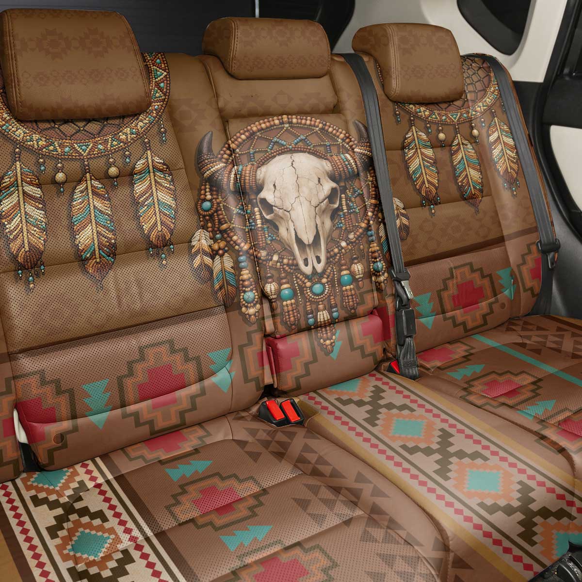 Bison Native American Back Car Seat Cover Tribal Feather Dreamcatcher Boho Style