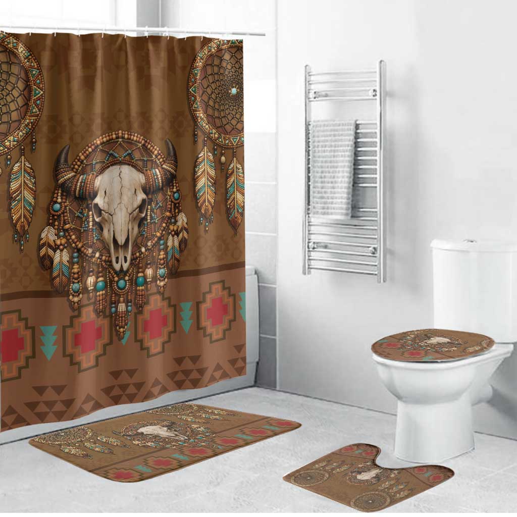 Bison Native American Bathroom Set Tribal Feather Dreamcatcher Boho Style