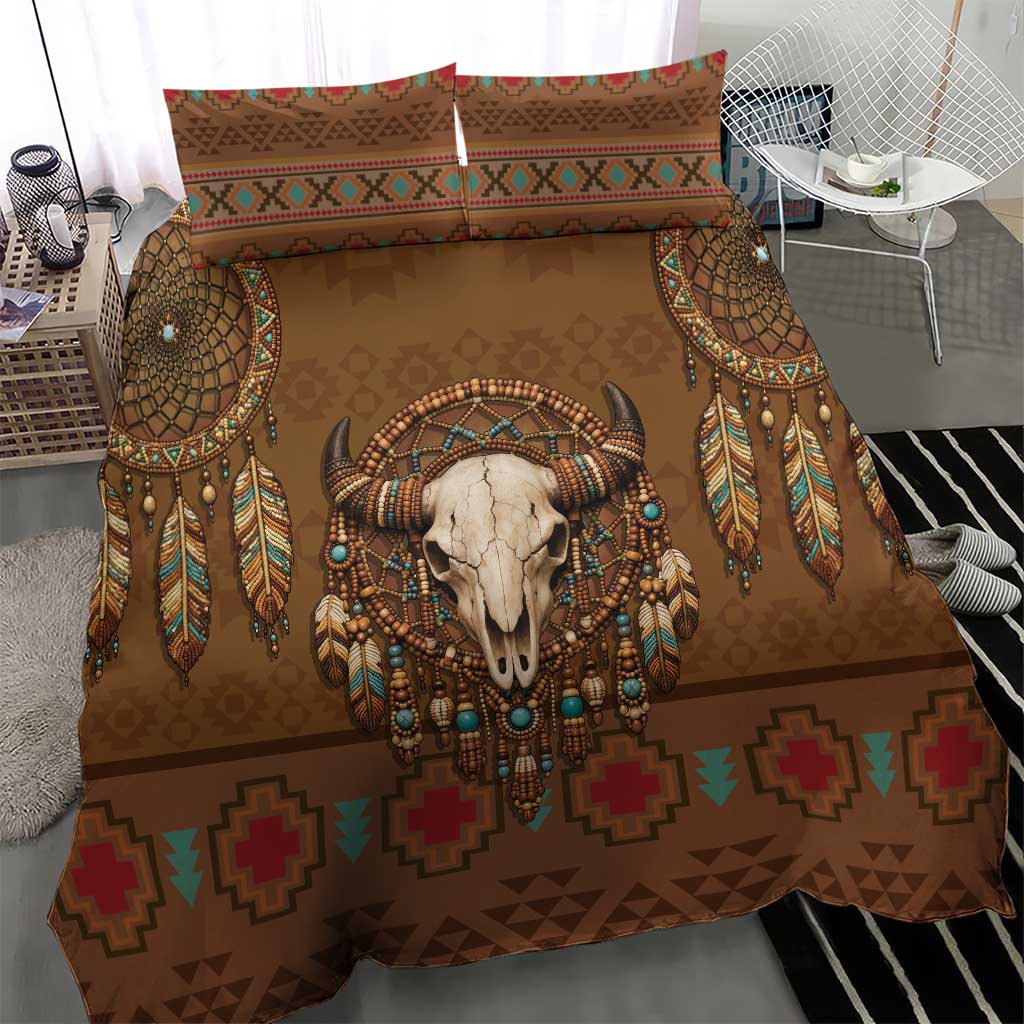 Bison Native American Bedding Set Tribal Feather Dreamcatcher Boho Style