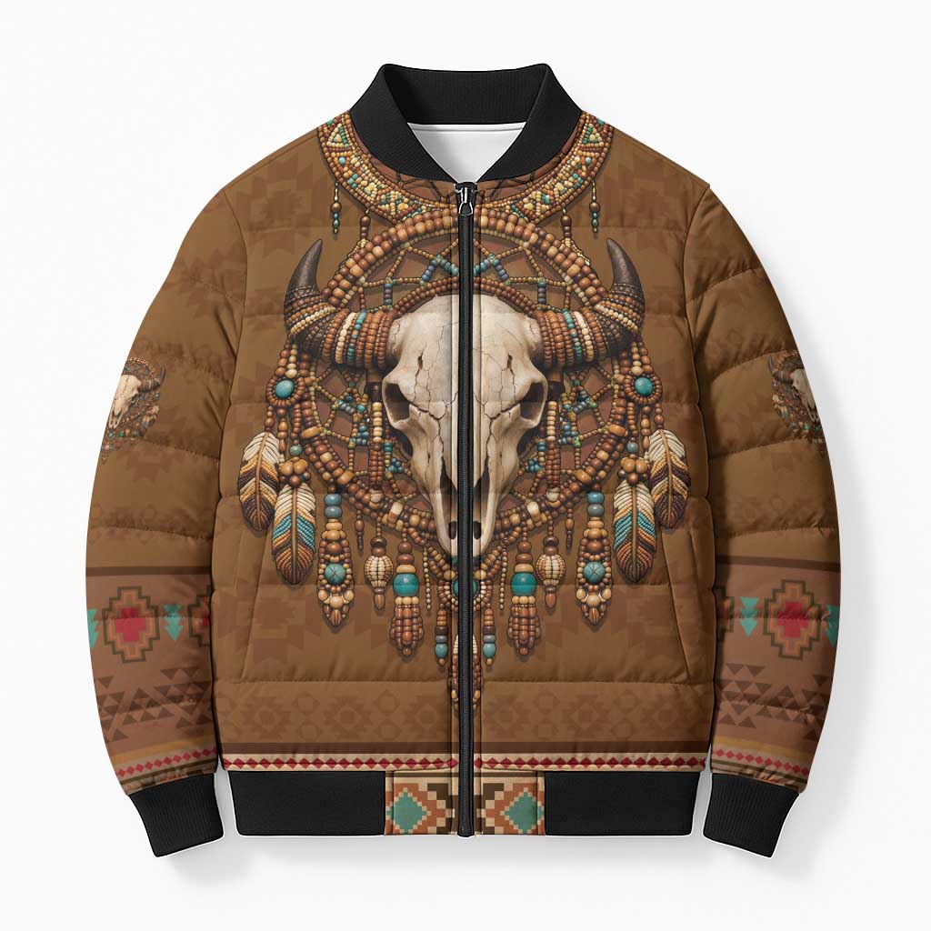 Bison Native American Bomber Puffer Jacket Tribal Feather Dreamcatcher Boho Style
