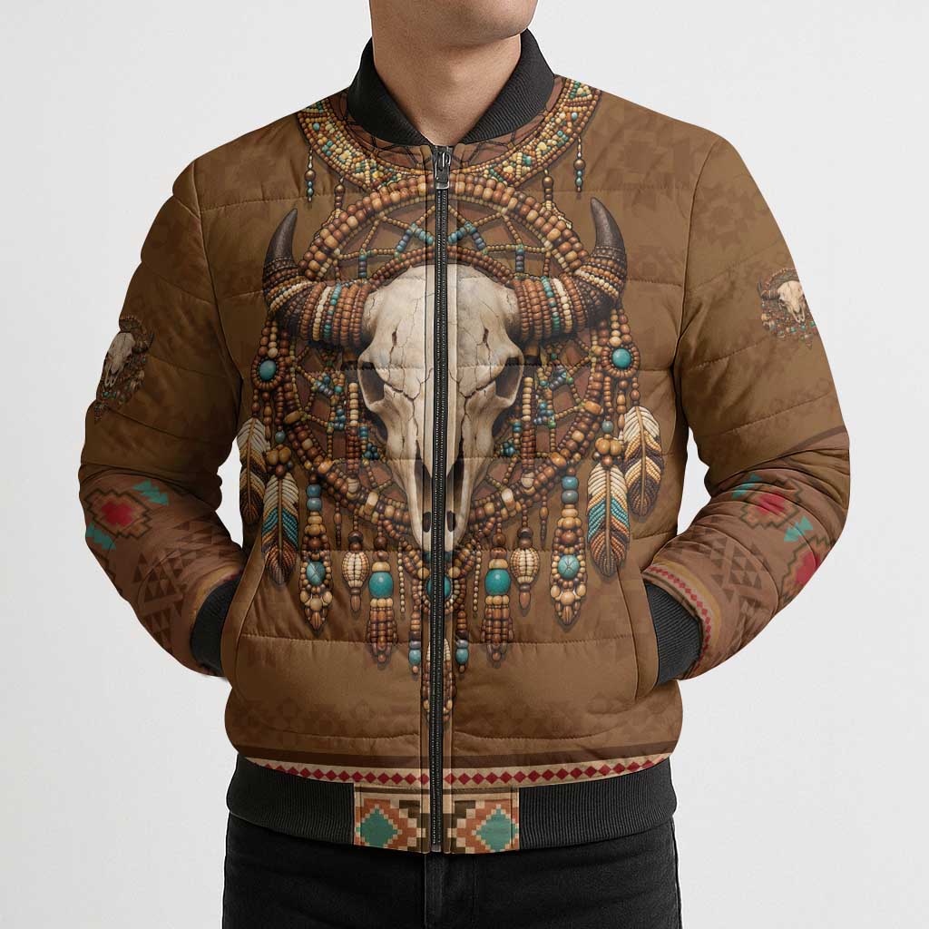 Bison Native American Bomber Puffer Jacket Tribal Feather Dreamcatcher Boho Style