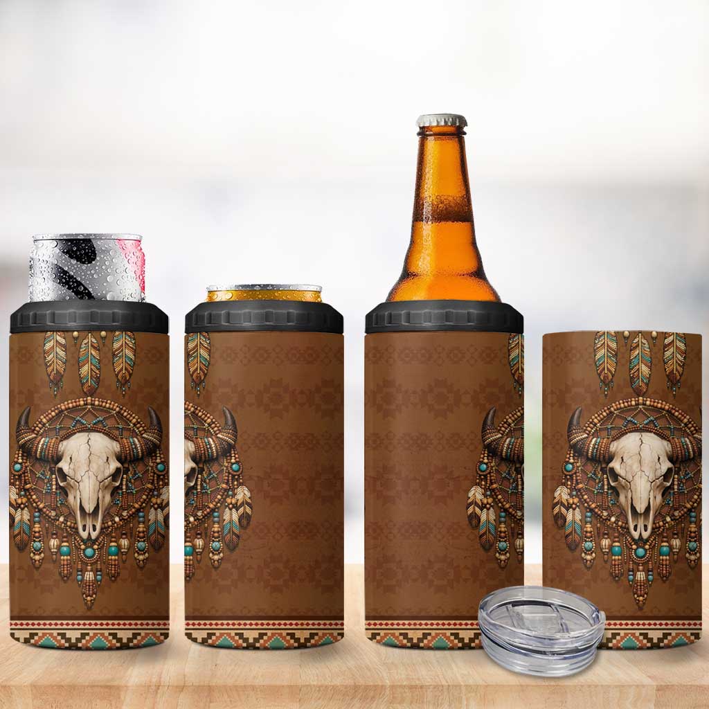 Bison Native American 4 in 1 Can Cooler Tumbler Tribal Feather Dreamcatcher Boho Style
