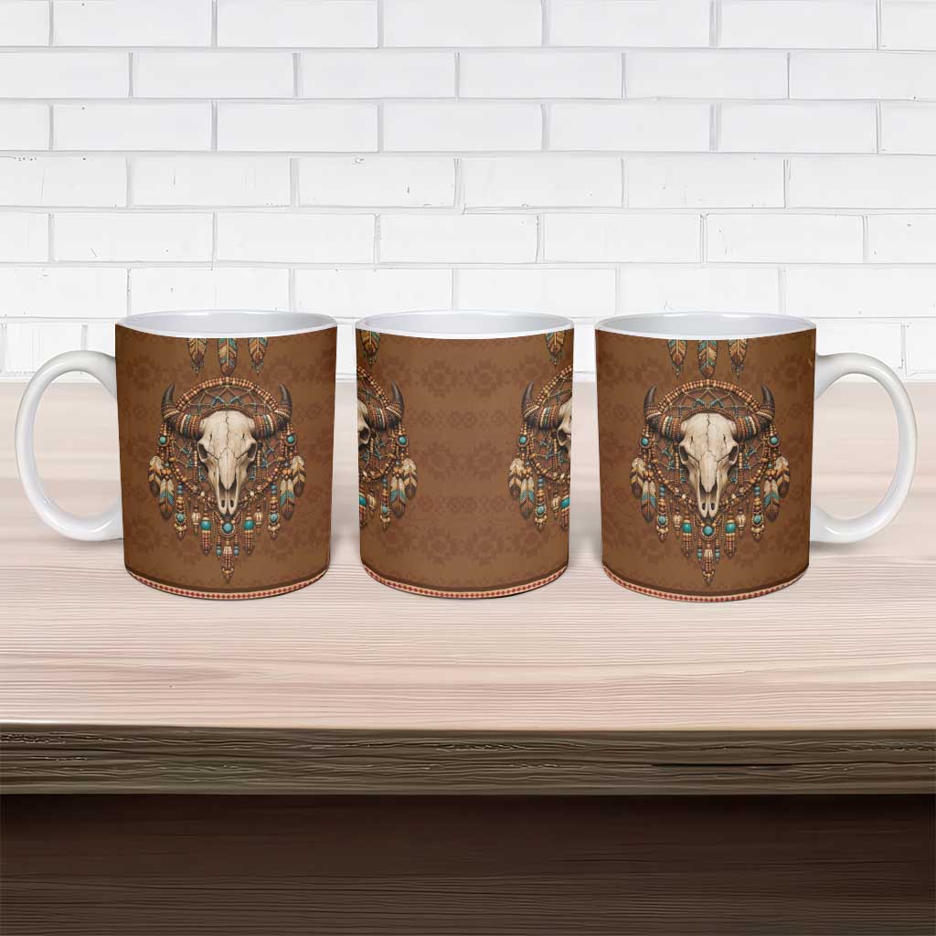 Bison Native American Ceramic Mug Tribal Feather Dreamcatcher Boho Style