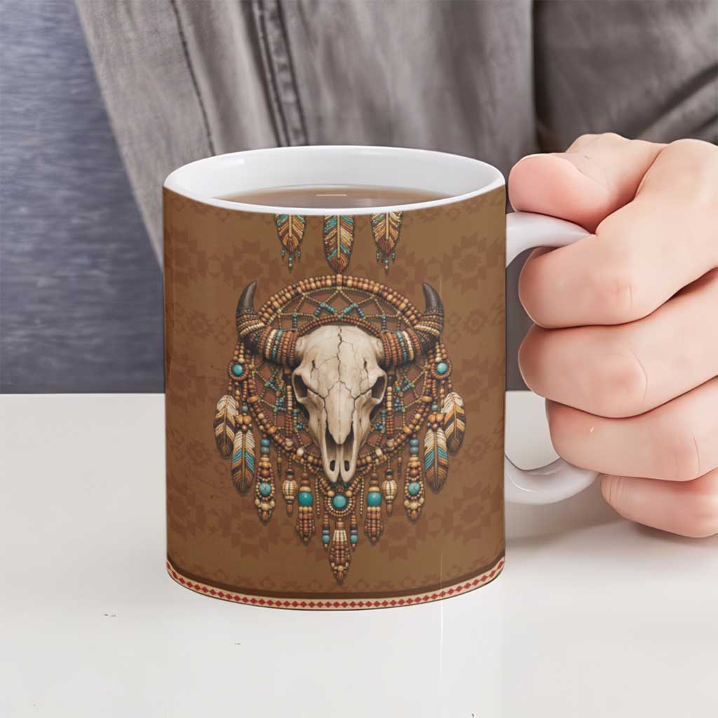 Bison Native American Ceramic Mug Tribal Feather Dreamcatcher Boho Style
