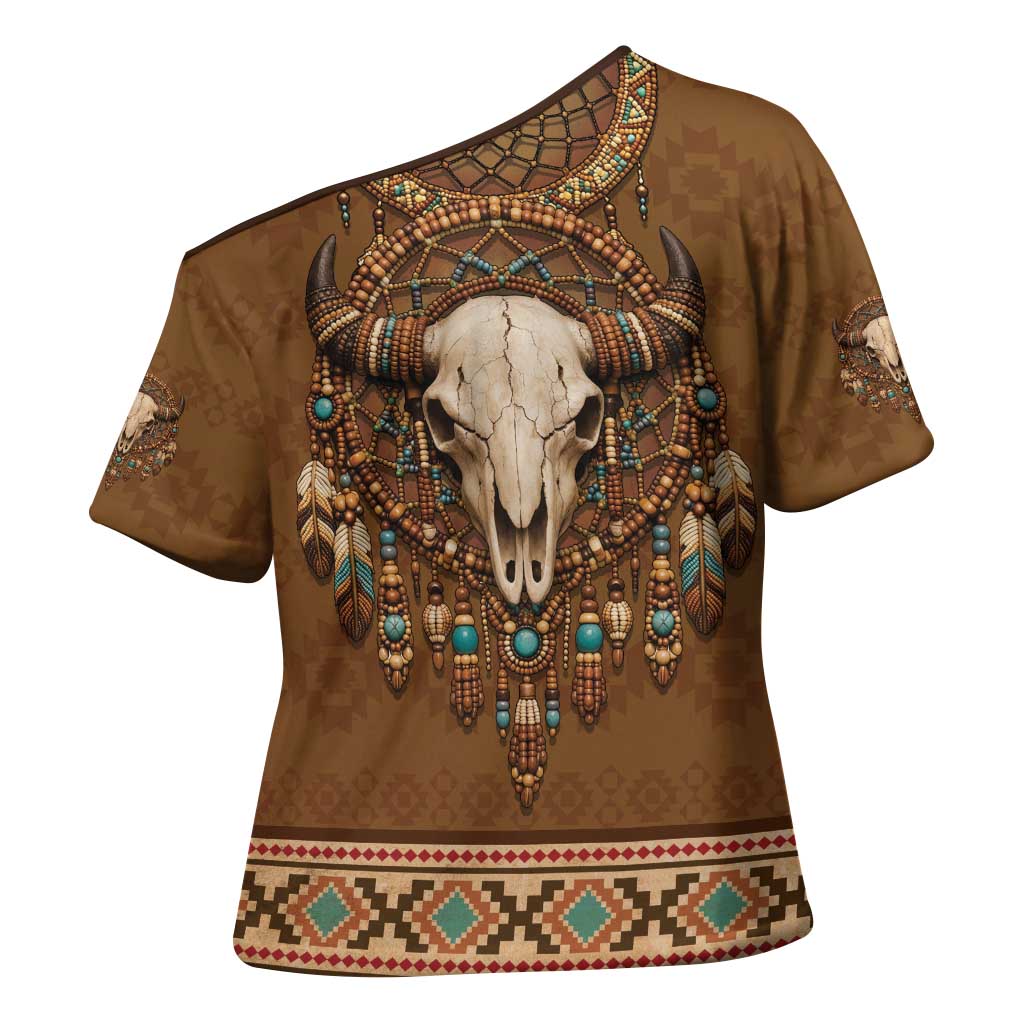 Bison Native American Cross Shoulder Shirt Tribal Feather Dreamcatcher Boho Style
