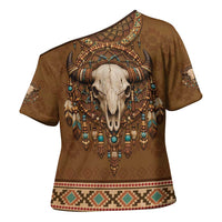 Bison Native American Cross Shoulder Shirt Tribal Feather Dreamcatcher Boho Style