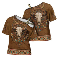 Bison Native American Cross Shoulder Shirt Tribal Feather Dreamcatcher Boho Style