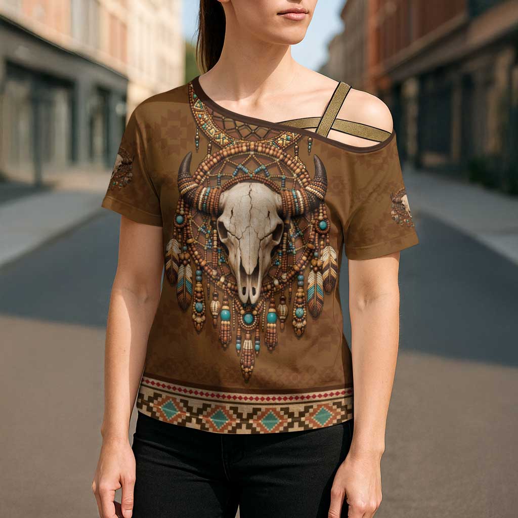 Bison Native American Cross Shoulder Shirt Tribal Feather Dreamcatcher Boho Style