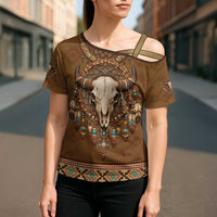 Bison Native American Cross Shoulder Shirt Tribal Feather Dreamcatcher Boho Style