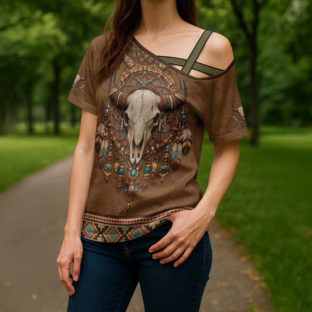 Bison Native American Cross Shoulder Shirt Tribal Feather Dreamcatcher Boho Style