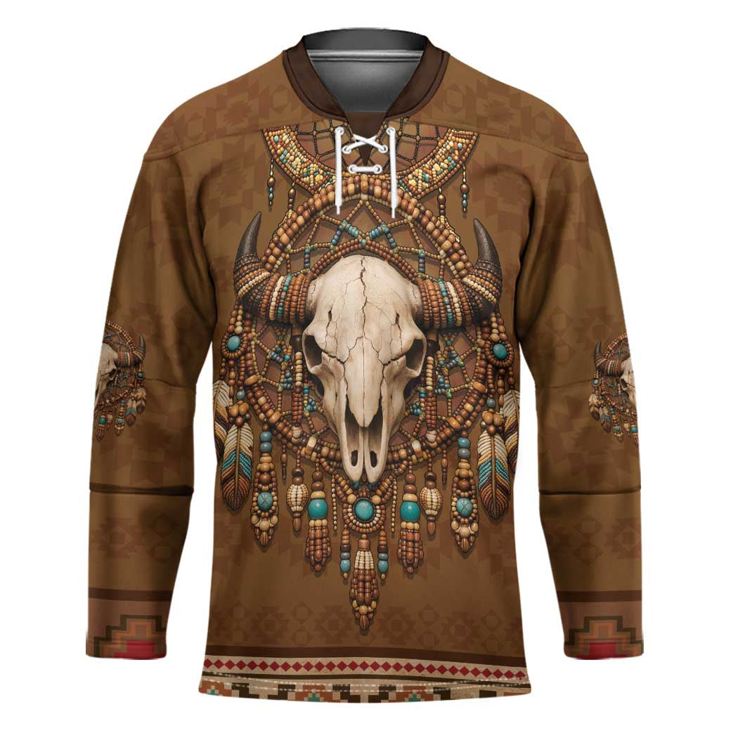 Bison Native American Hockey Jersey Tribal Feather Dreamcatcher Boho Style