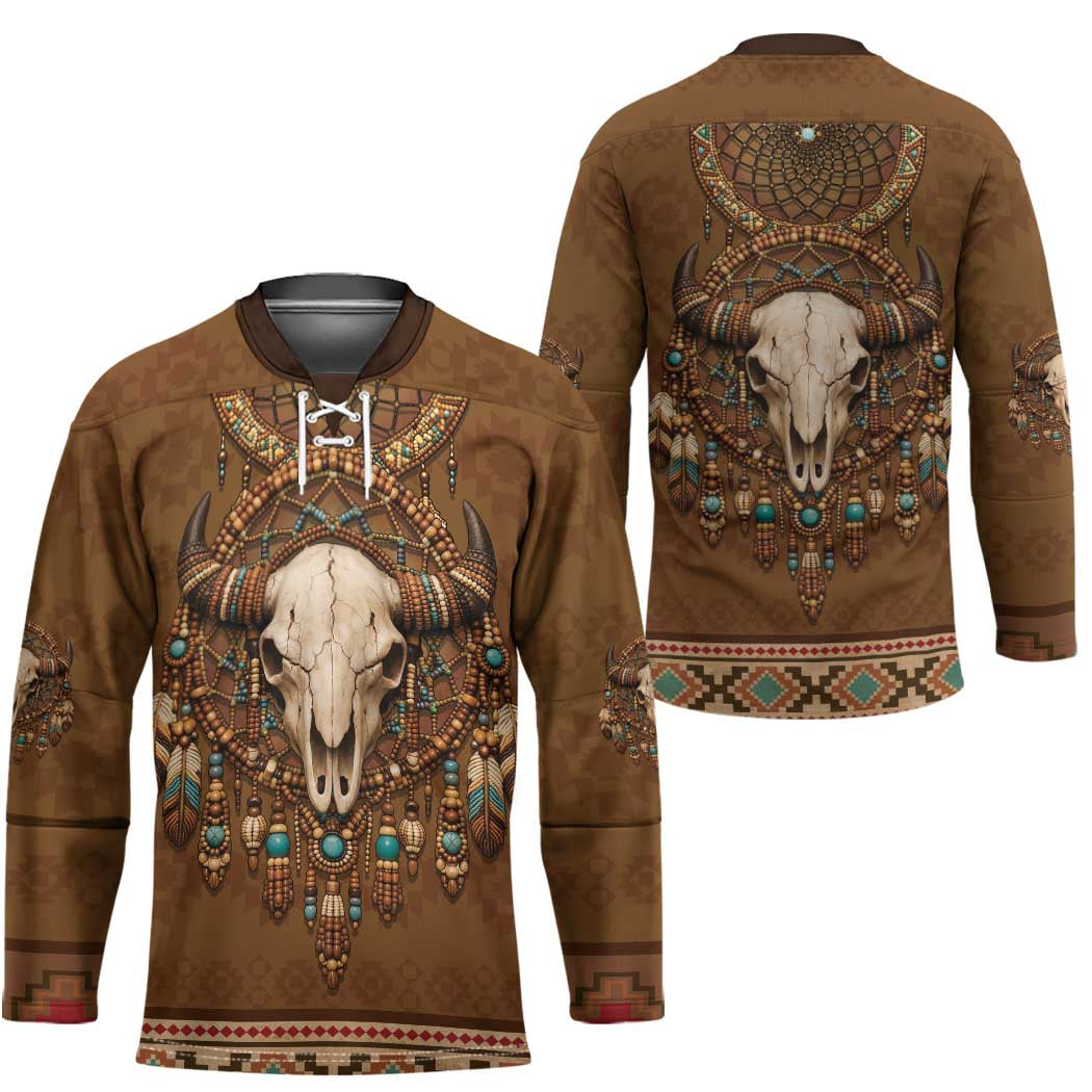 Bison Native American Hockey Jersey Tribal Feather Dreamcatcher Boho Style