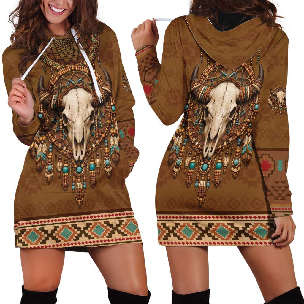 Bison Native American Hoodie Dress Tribal Feather Dreamcatcher Boho Style