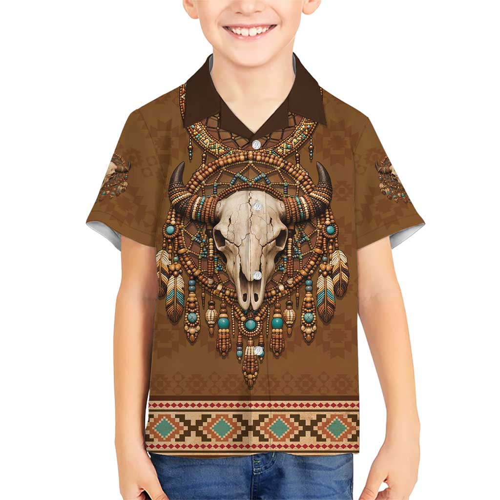 Bison Native American Kid Hawaiian Shirt Tribal Feather Dreamcatcher Boho Style