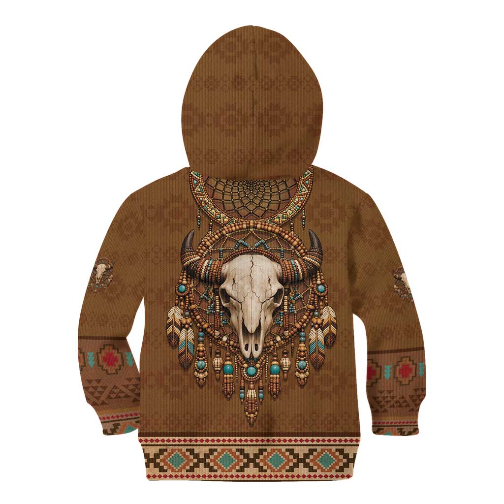 Bison Native American Kid Hoodie Tribal Feather Dreamcatcher Boho Style