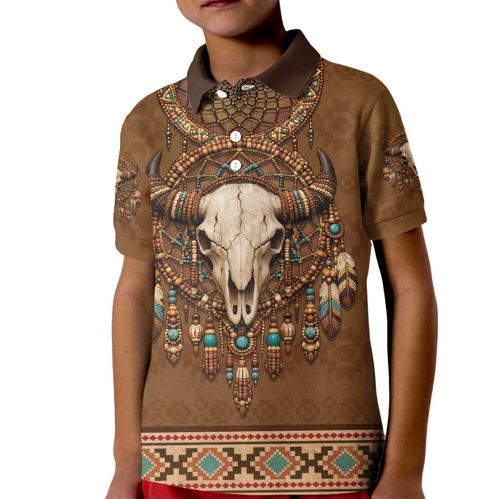 Bison Native American Kid Polo Shirt Tribal Feather Dreamcatcher Boho Style