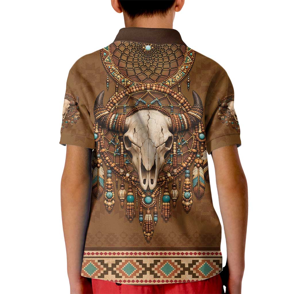 Bison Native American Kid Polo Shirt Tribal Feather Dreamcatcher Boho Style