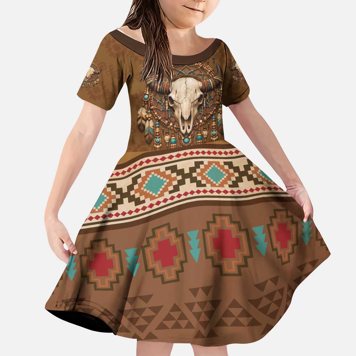 Bison Native American Kid Short Sleeve Dress Tribal Feather Dreamcatcher Boho Style