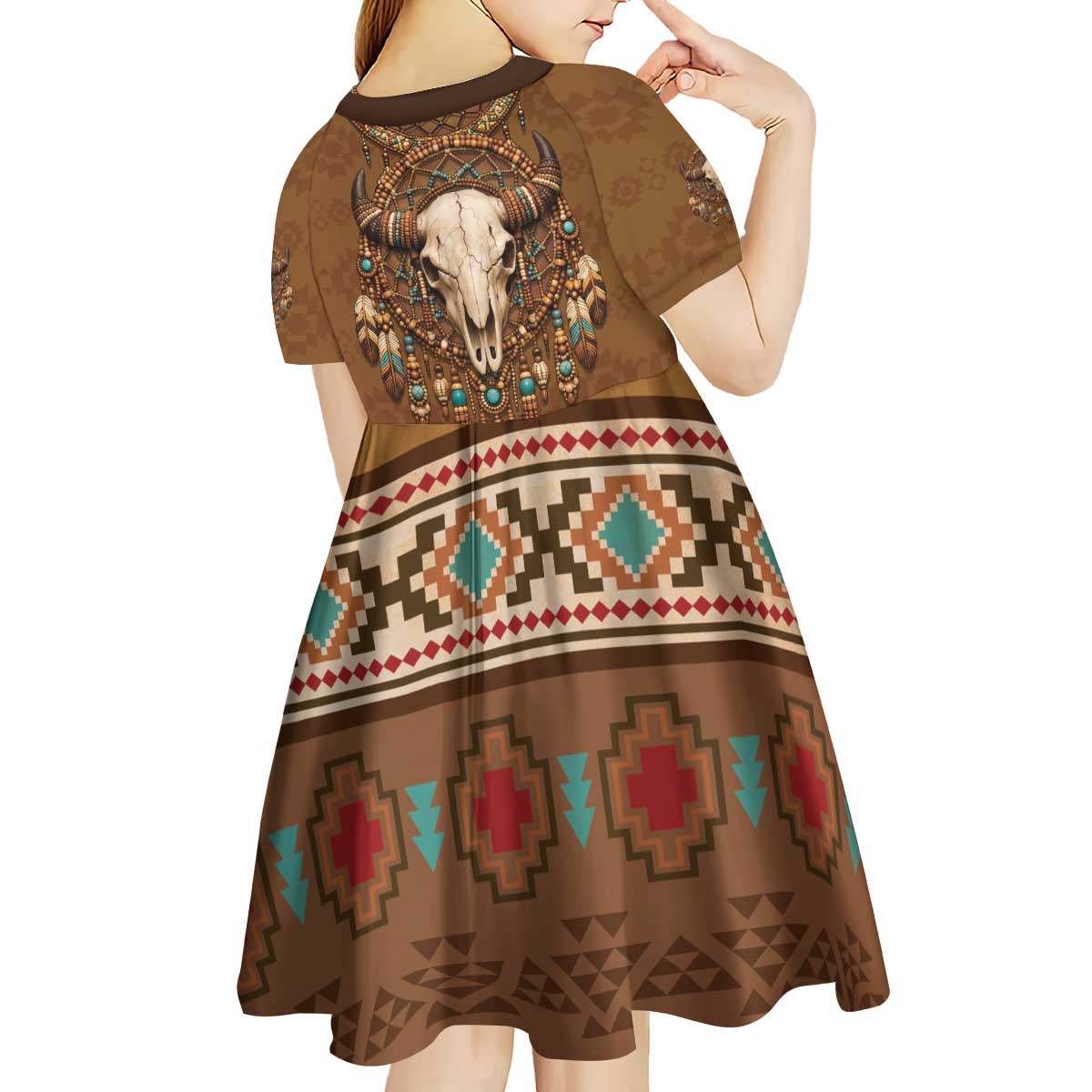 Bison Native American Kid Short Sleeve Dress Tribal Feather Dreamcatcher Boho Style
