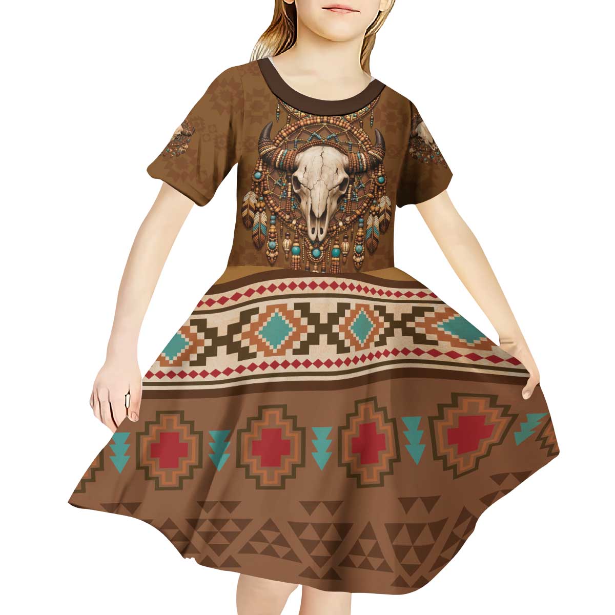 Bison Native American Kid Short Sleeve Dress Tribal Feather Dreamcatcher Boho Style