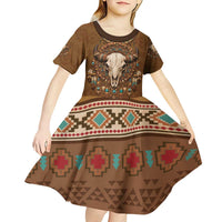 Bison Native American Kid Short Sleeve Dress Tribal Feather Dreamcatcher Boho Style