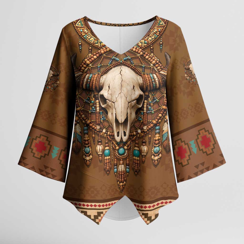 Bison Native American Kimono Sleeve Blouse Tribal Feather Dreamcatcher Boho Style