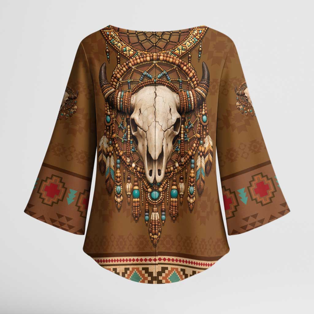 Bison Native American Kimono Sleeve Blouse Tribal Feather Dreamcatcher Boho Style