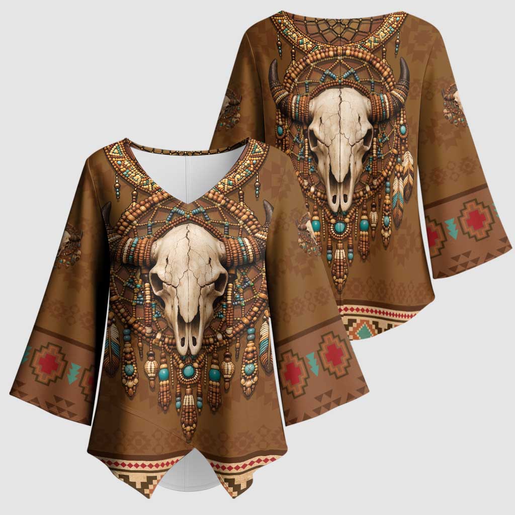 Bison Native American Kimono Sleeve Blouse Tribal Feather Dreamcatcher Boho Style