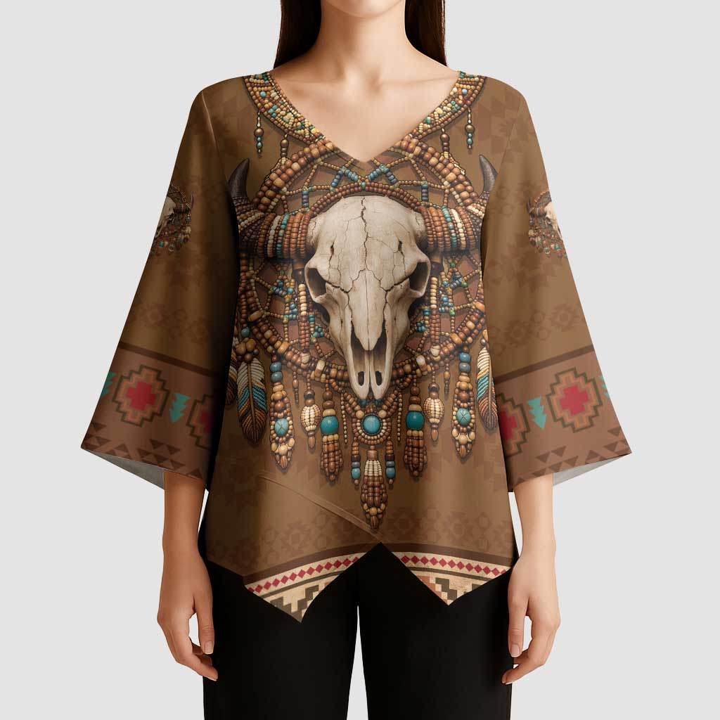 Bison Native American Kimono Sleeve Blouse Tribal Feather Dreamcatcher Boho Style