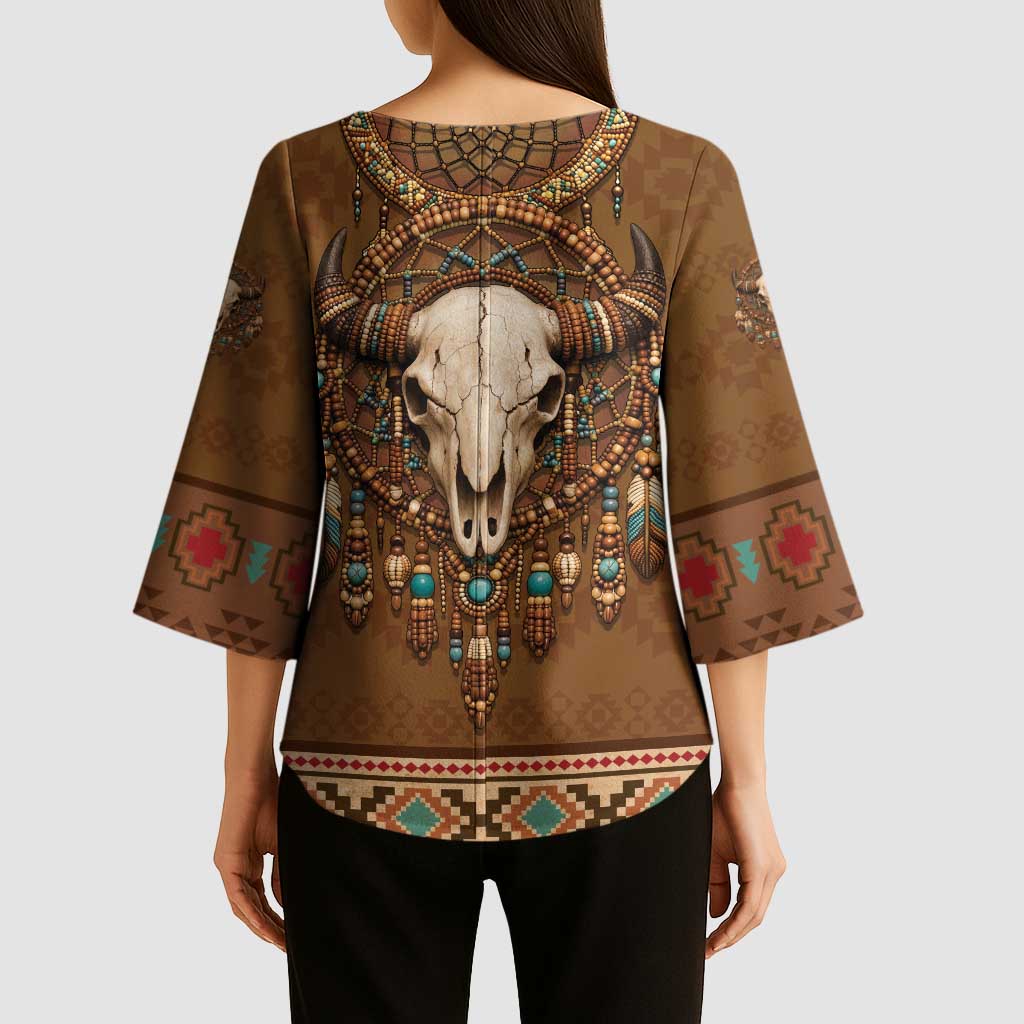 Bison Native American Kimono Sleeve Blouse Tribal Feather Dreamcatcher Boho Style