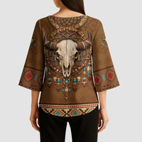 Bison Native American Kimono Sleeve Blouse Tribal Feather Dreamcatcher Boho Style
