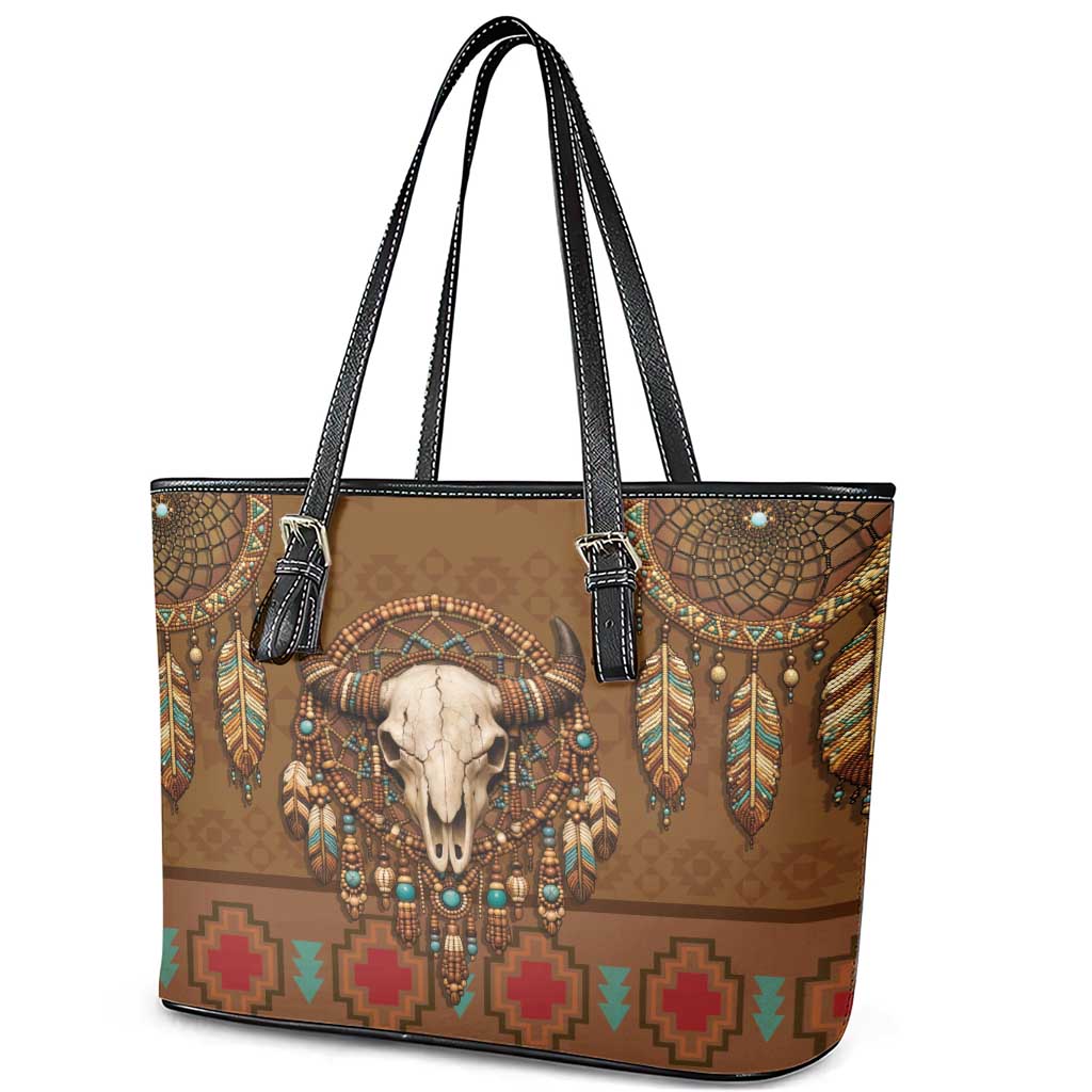 Bison Native American Leather Tote Bag Tribal Feather Dreamcatcher Boho Style