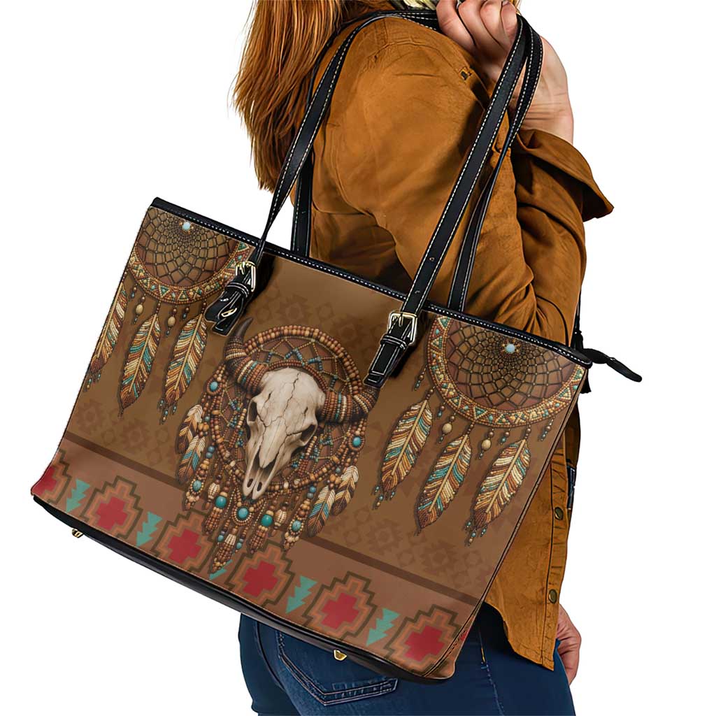 Bison Native American Leather Tote Bag Tribal Feather Dreamcatcher Boho Style